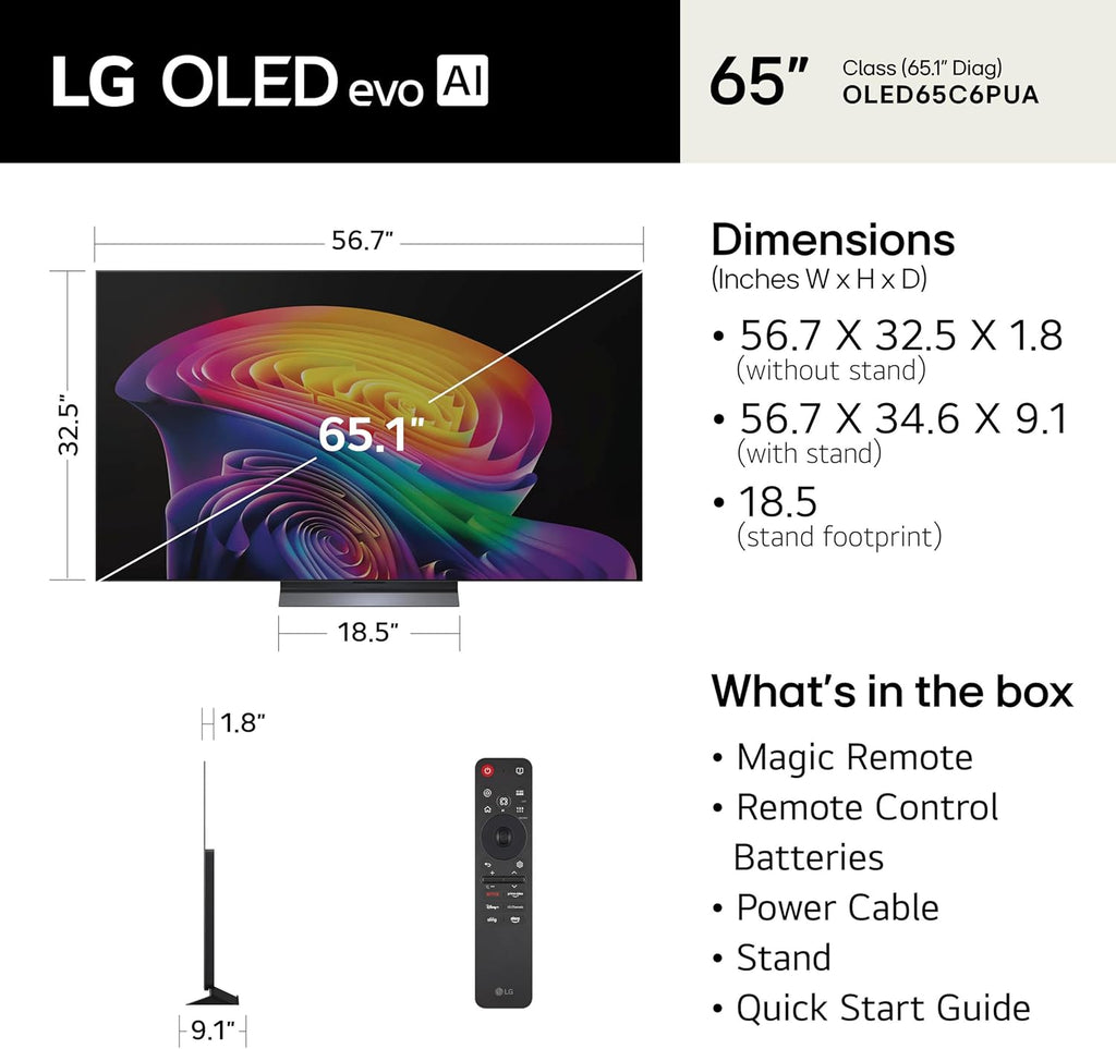 LG 65-Inch Class OLED evo AI 4K C6 Series Smart TV w/Dolby Atmos, Dolby Vision, HDR10, AI Super Upscaling 4K, Filmmaker Mode, Wow Orchestra, Compatible with Alexa (OLED65C6PUA, 2026)