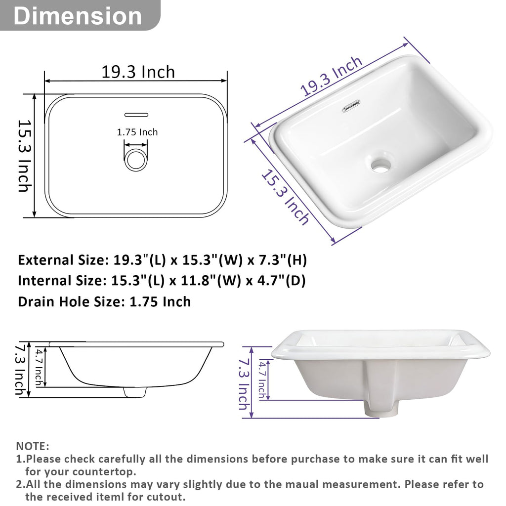 Small Bathroom Vessel Sink 16.7'' x 12.6'' Semi Recessed Bathroom Sink Rectangular Drop-in Vanity Sink with Overflow White Ceramic Modern Art Basin