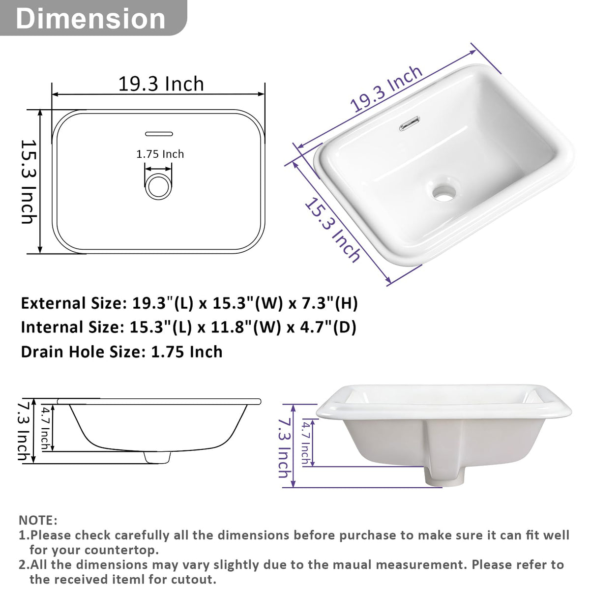 Small Bathroom Vessel Sink 16.7'' x 12.6'' Semi Recessed Bathroom Sink Rectangular Drop-in Vanity Sink with Overflow White Ceramic Modern Art Basin