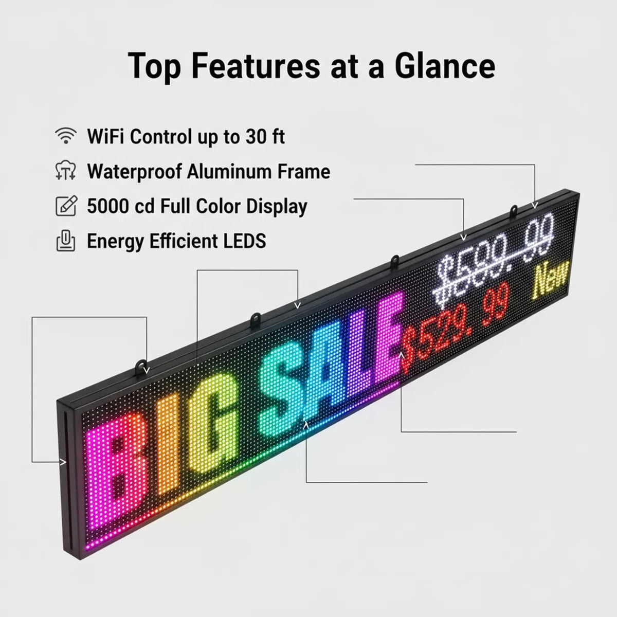 LED Advertising Sign,P5 39x14 Inches Full Color Programmable Digital Board, High Brightness Scrolling Message Display with WiFi & USB Control for Business Promotion