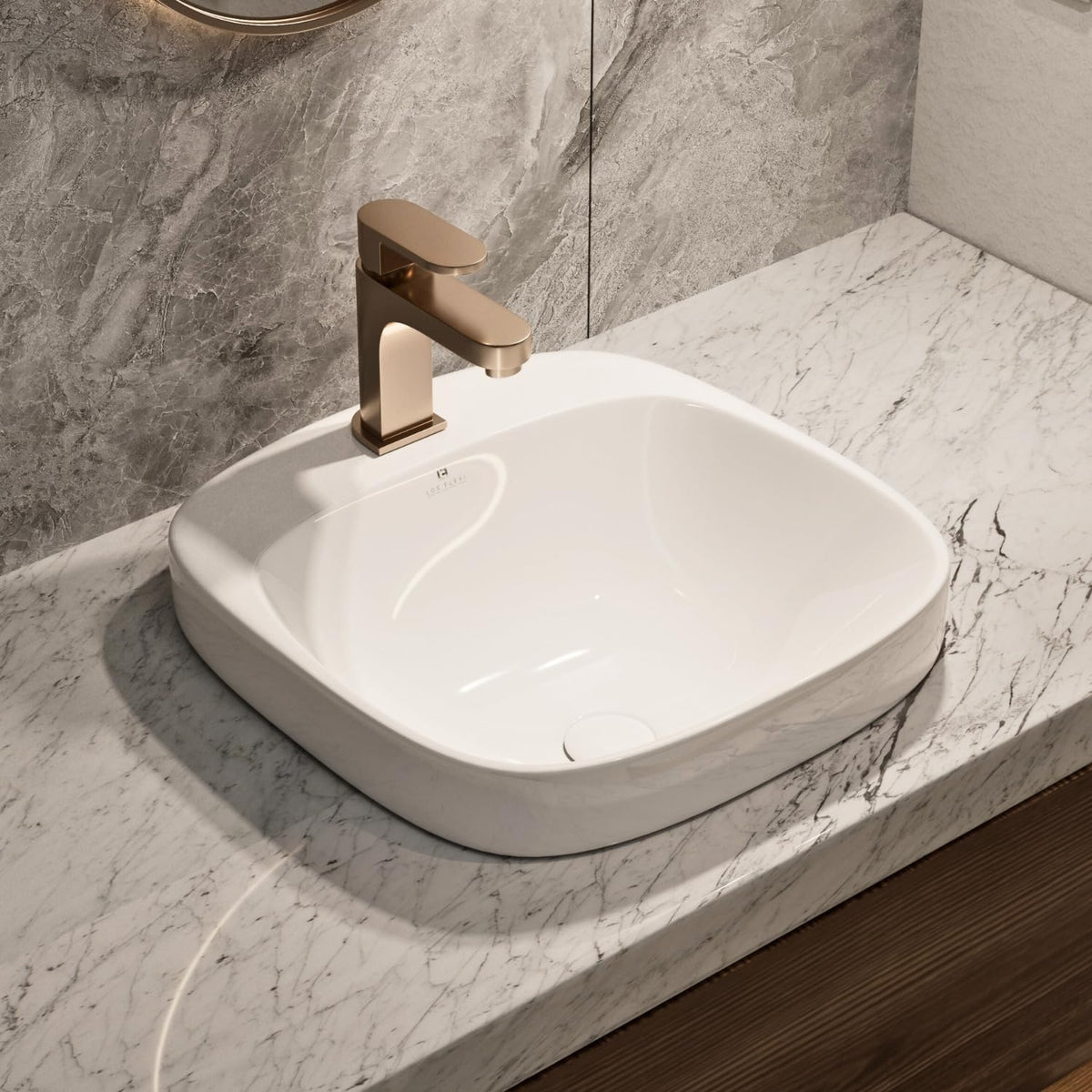 20â³W x 17â³D Drop In Bathroom Sink with Free Pop-Up Drain, White Ceramic Rectangular Semi Recessed Bathroom Sink with Single Faucet Hole, Modern Vessel Sink, Durable Above Counter Basin