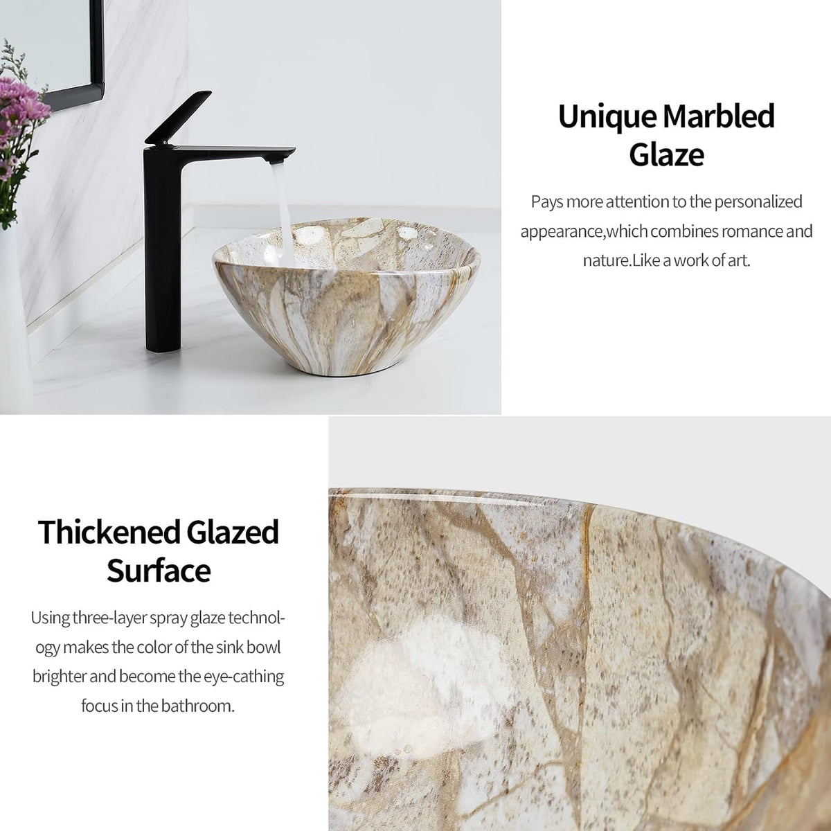 Davivy 16'' X 13'' Nordic Marbling Oval Vessel Sink with Pop Up Drain,Ceramic Vessel Sink,Bathroom Sinks Above Counter,Bathroom Vessel Sinks,Counter top Sink,Oval Sink Bowls for Bathroom