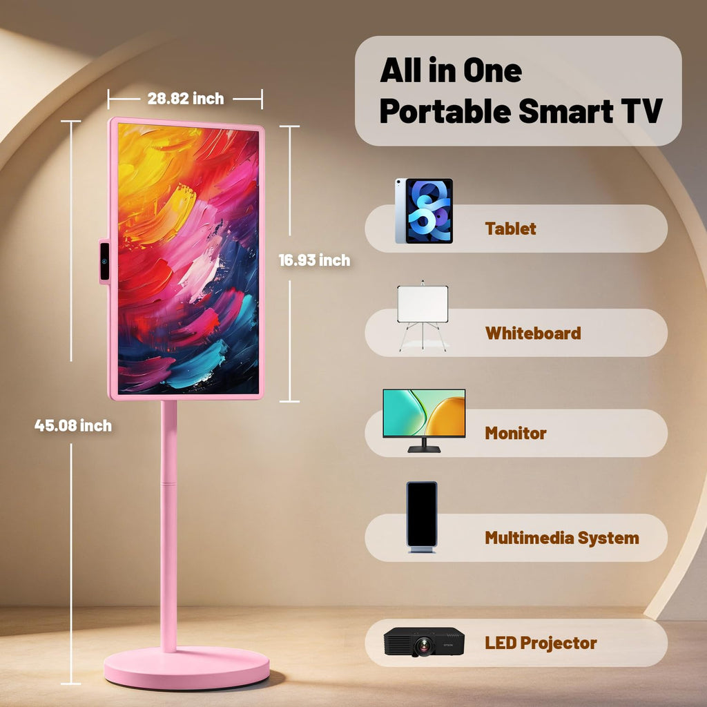 VLH 32 Inch Smart Portable TV Tablet with Rolling Stand, 1080P Touch Screen Rolling TV, Built-in 38400mAh Battery, Android 15, 8+128GB Wireless TV on Wheels with Remote, 360Â° Rotation, 5MP Camera