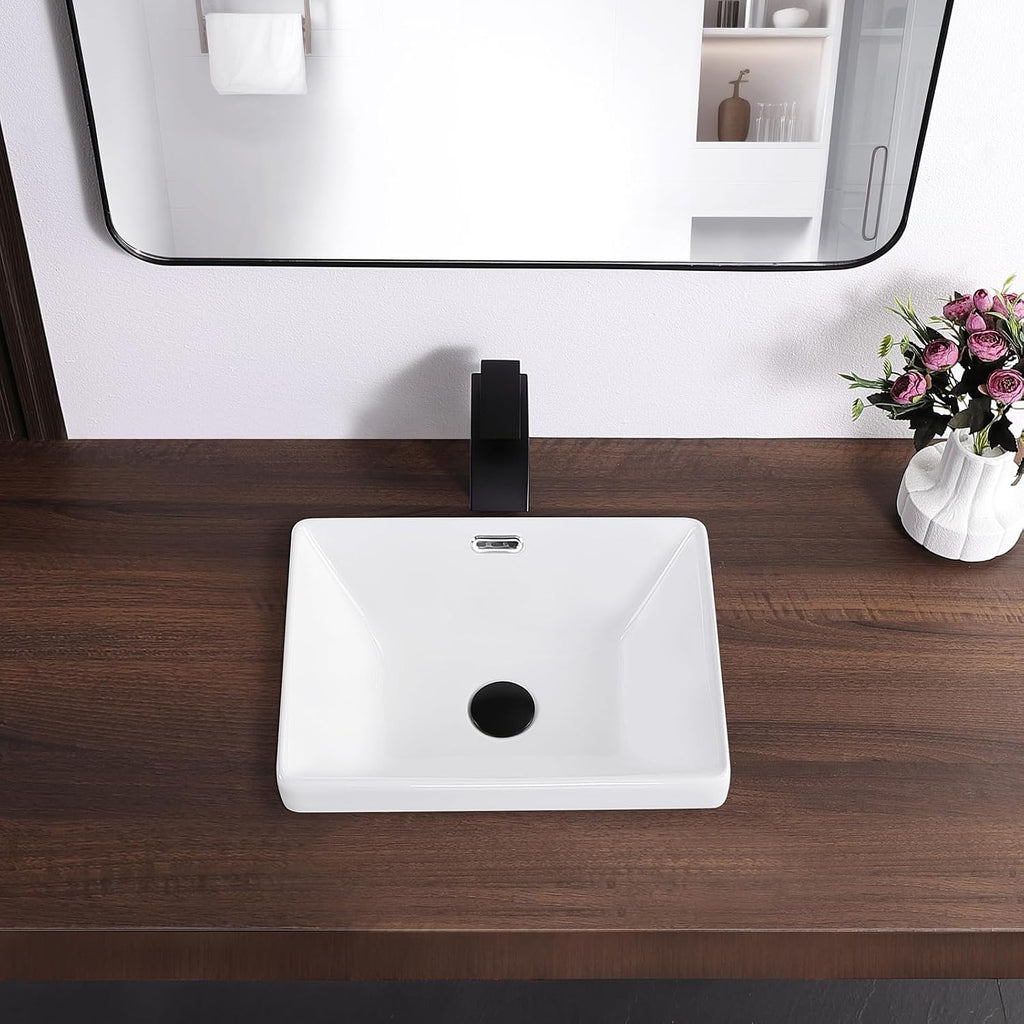 Small Bathroom Vessel Sink 16.7'' x 12.6'' Semi Recessed Bathroom Sink Rectangular Drop-in Vanity Sink with Overflow White Ceramic Modern Art Basin