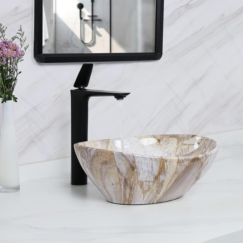 Davivy 16'' X 13'' Nordic Marbling Oval Vessel Sink with Pop Up Drain,Ceramic Vessel Sink,Bathroom Sinks Above Counter,Bathroom Vessel Sinks,Counter top Sink,Oval Sink Bowls for Bathroom