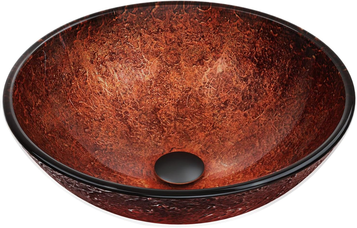 Vigo Vessel Sink Copper - 17â Artistic Round Bowl Sink for Bathrooms, Tempered Glass Above Counter Bathroom Sink with NonStickShield, QuickDrain & TempGuard, Modern Luxury Design