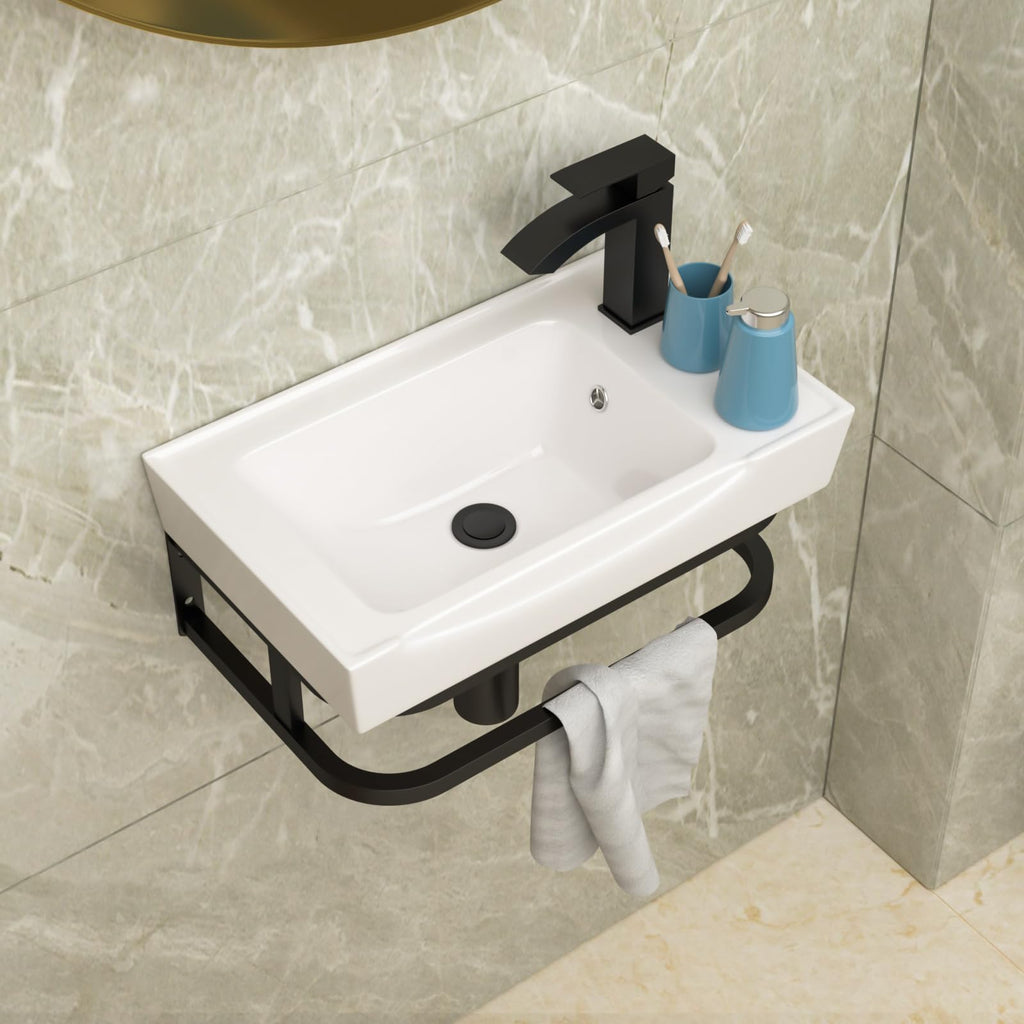 Lordear Wall Mounted Vessel Sink 16x11 Inch, U-Shape White Porcelain Bathroom Sink with Black Faucet and Support Pedestal Legs, Wall Hung Vanity Sink with Towel Rack for Small Bathrooms