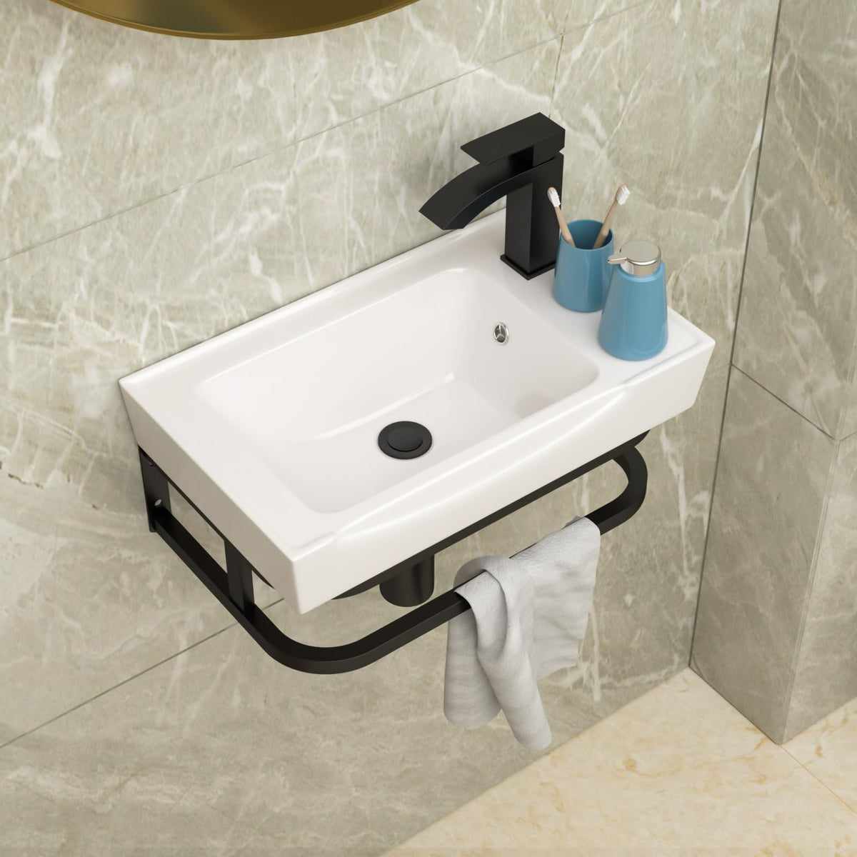 Lordear Wall Mounted Vessel Sink 16x11 Inch, U-Shape White Porcelain Bathroom Sink with Black Faucet and Support Pedestal Legs, Wall Hung Vanity Sink with Towel Rack for Small Bathrooms