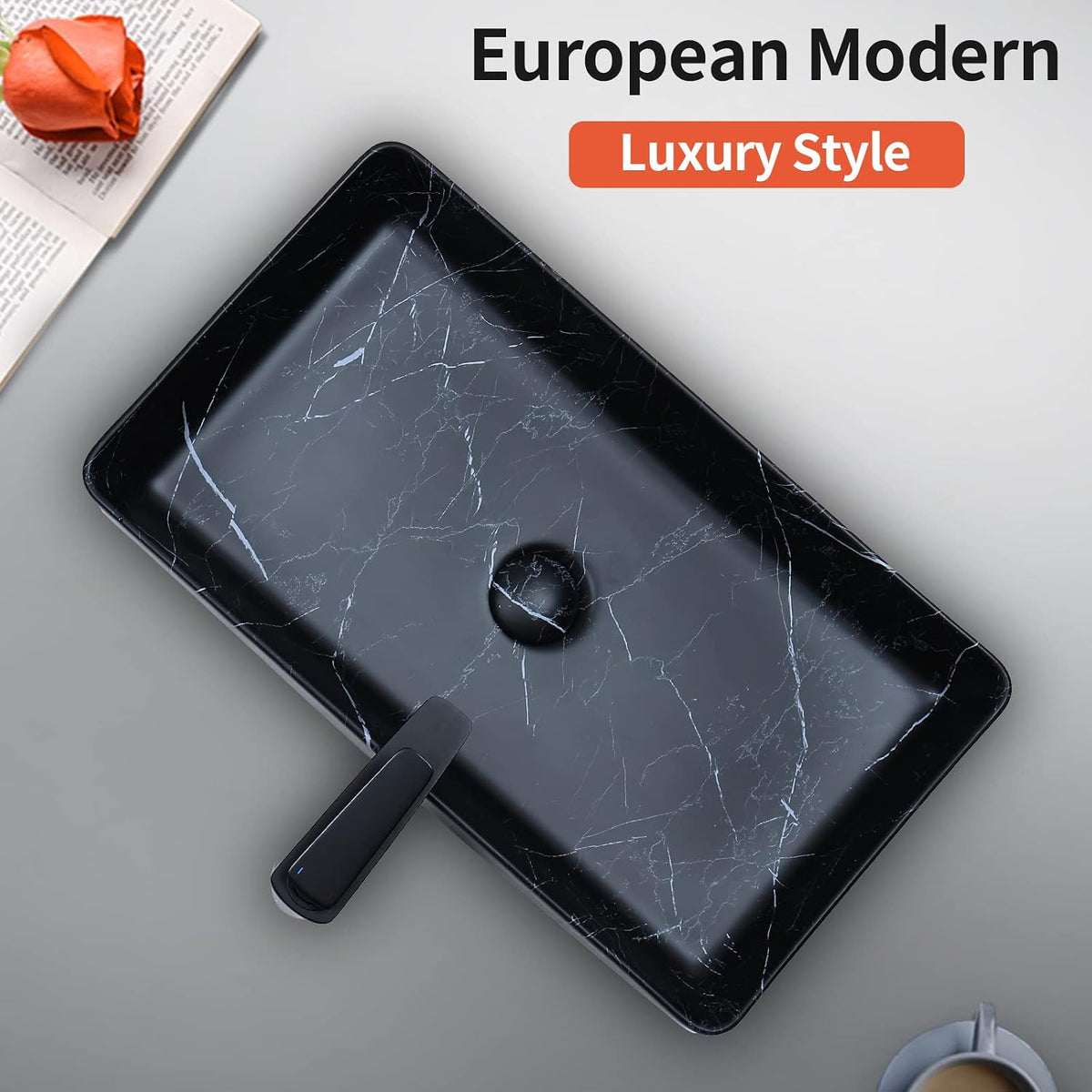 Davivy 23.6''x13.3'' Large Nordic Marbling Matte Black Rectangle Vessel Sink with Pop Up Drain,Bathroom Vessel Sinks,Bathroom Sinks Above Counter,Black Ceramic Vessel Sink for bathrooms (Large)