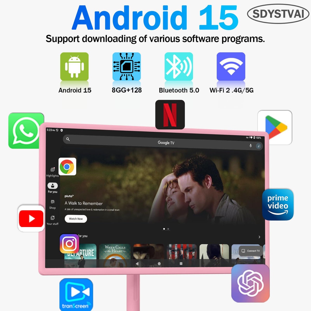 32-Inch FHD Smart Portable TV, Rolling TV on Wheels, Built-in Battery, Android 15 OS, Touch Screen Monitor, 6GB RAM + 128GB Storage, 8MP Camera, Full Swivel Rotation, Voice Remote