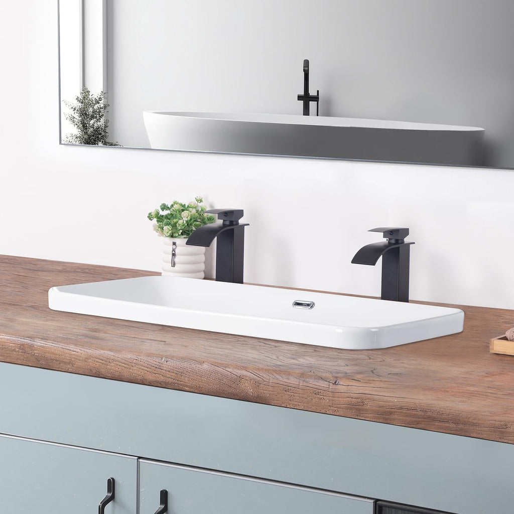 Bathroom Vessel Sink 16.7" X 12.6" Semi Recessed Bathroom Sink Rectangular Drop In Bathroom Sinks with Overflow White Ceramic Vessel Sinks for Bathroom Modern Above Counter Basin Vanity Sink