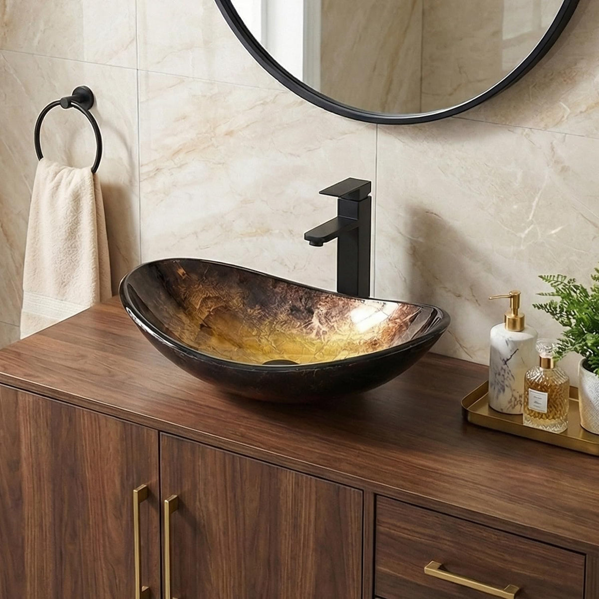 Bathroom Leaf Shape Artistic Glass Vessel Sink, Brown