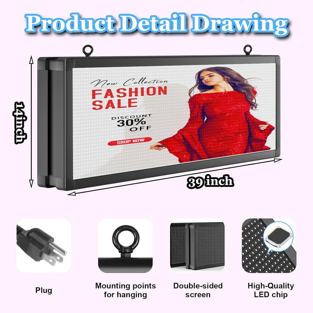 P10 Outdoor Full Color Programmable Double Sides LED Signs 39"x 14" with WIFI,Programmable Scrolling LED Display,Texts and Image Display for led Advertising Sign Board (Double sides)