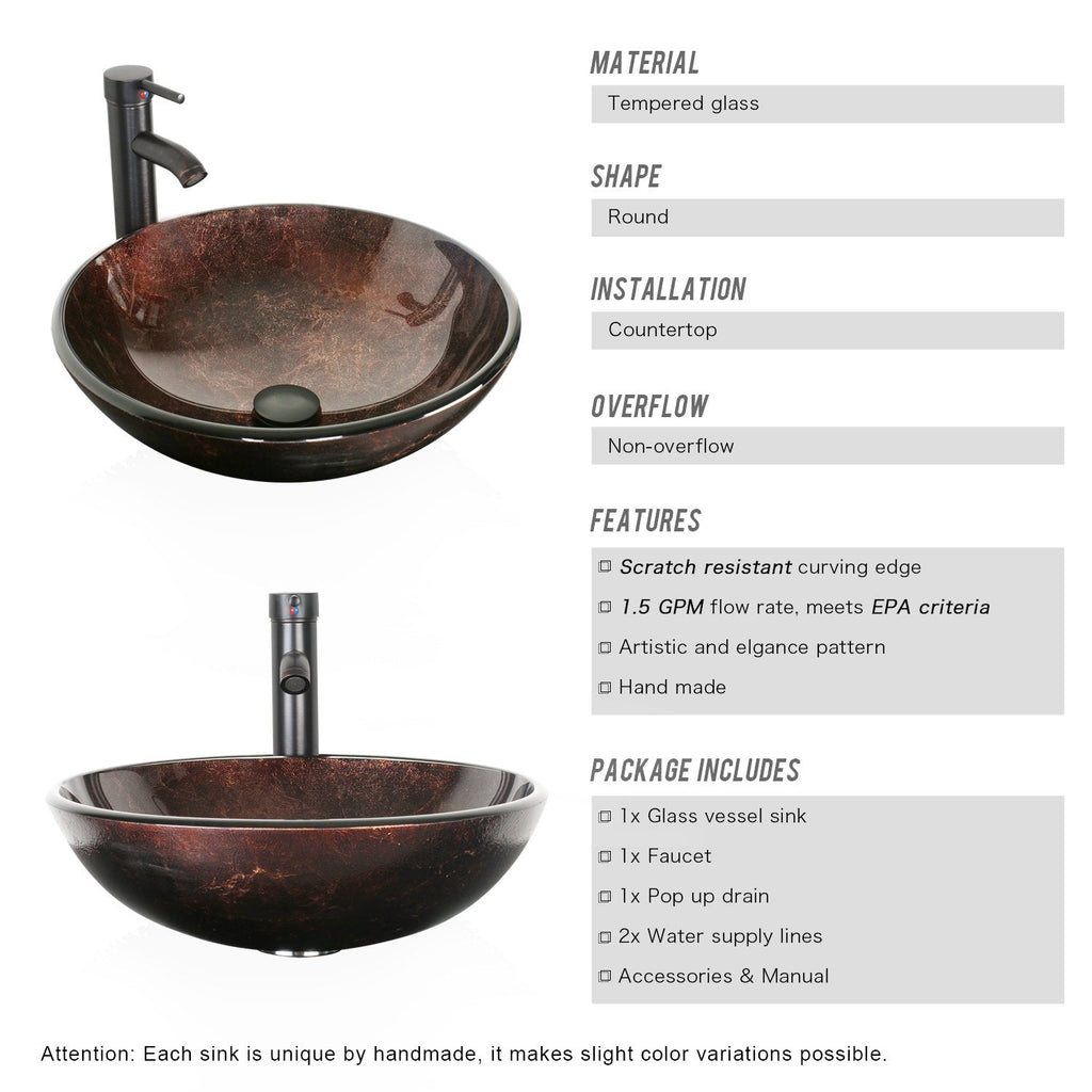 eclife 21.5" Bathroom Vessel Sink Modern Artistic Single Brown Boat Tempered Glass Basin Countertop Bowl Sink for Lavatory Vanity Cabinet, W/Water Save Faucet Pop Up Drain (A29BR)
