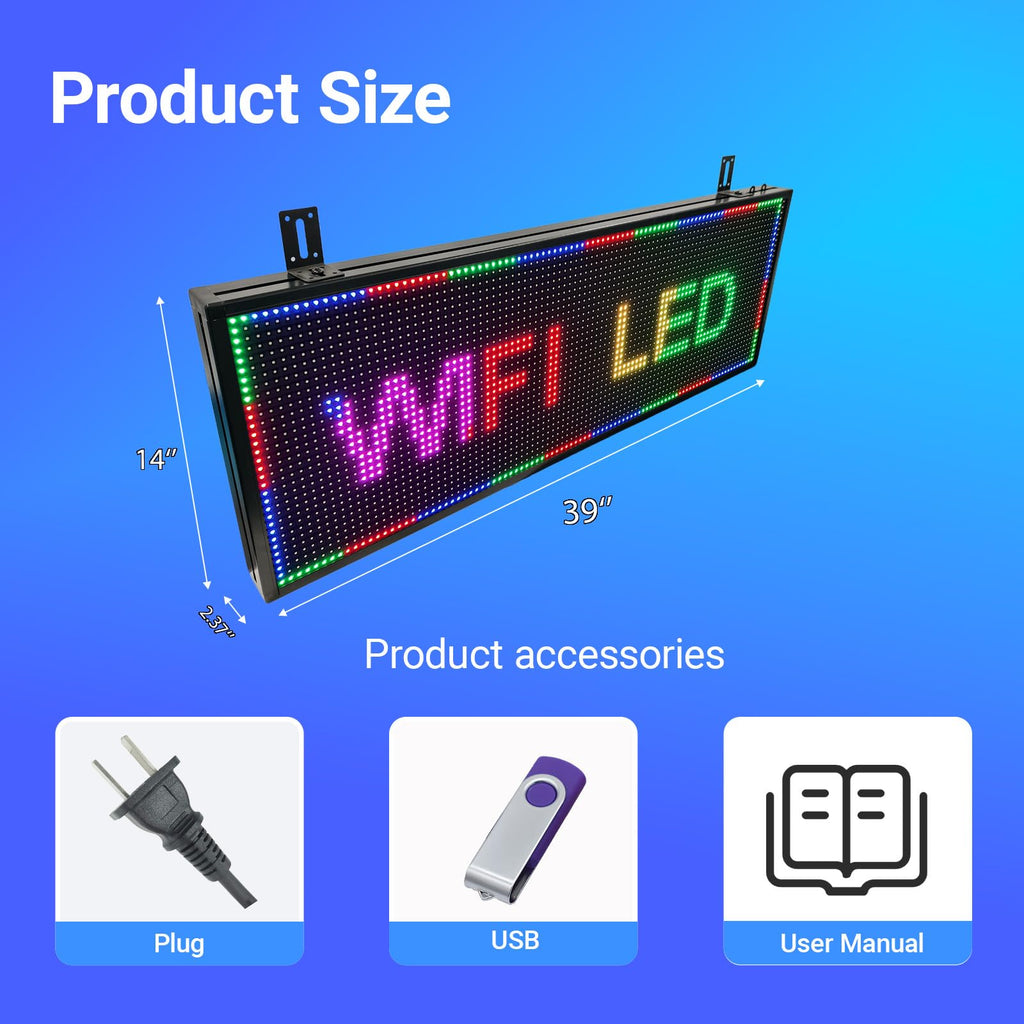 P3 Full Color Programmable LED Sign, IP65 Outdoor, WiFi Control, Support Custom Video, Electronic Message Board for Business, 40''Ã17''