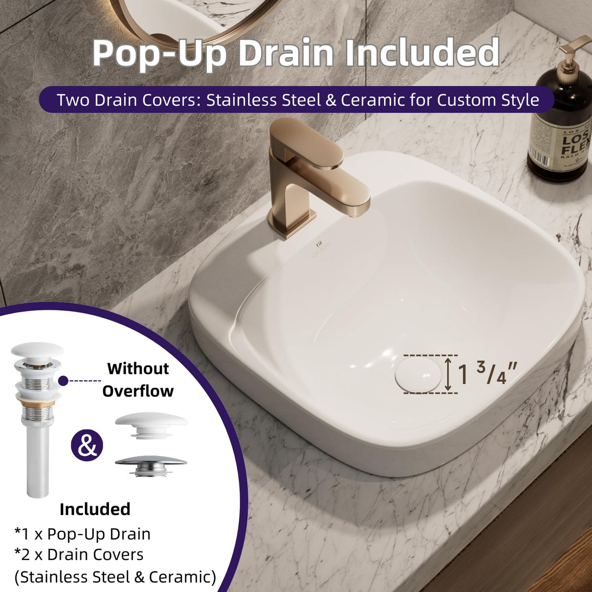 20â³W x 17â³D Drop In Bathroom Sink with Free Pop-Up Drain, White Ceramic Rectangular Semi Recessed Bathroom Sink with Single Faucet Hole, Modern Vessel Sink, Durable Above Counter Basin
