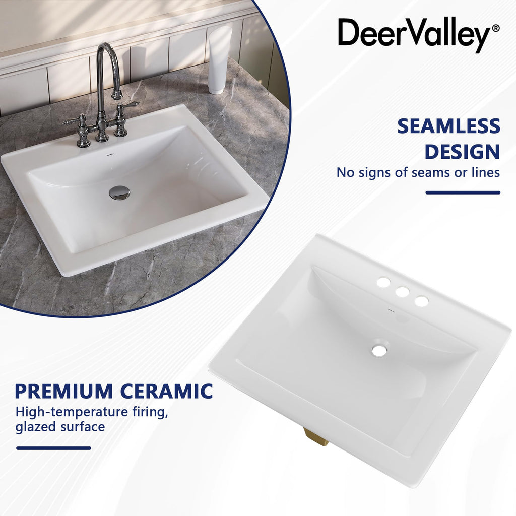 DeerValley Modern Drop In Bathroom Sink White 20"x17" Oval Vanity Art Basin