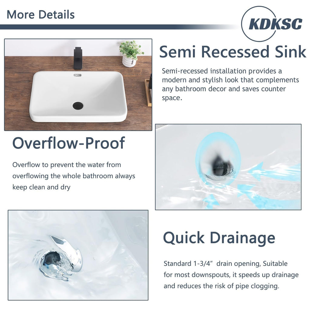 Bathroom Vessel Sink 16.7" X 12.6" Semi Recessed Bathroom Sink Rectangular Drop In Bathroom Sinks with Overflow White Ceramic Vessel Sinks for Bathroom Modern Above Counter Basin Vanity Sink