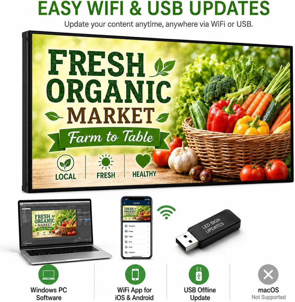 CX 65 x 34 Inch P5 Outdoor LED Sign, 320 x 160 Full-Color RGB Message Board with WiFi, Mobile App and USB Control, IP65 Display for Scrolling Text, Images and Video