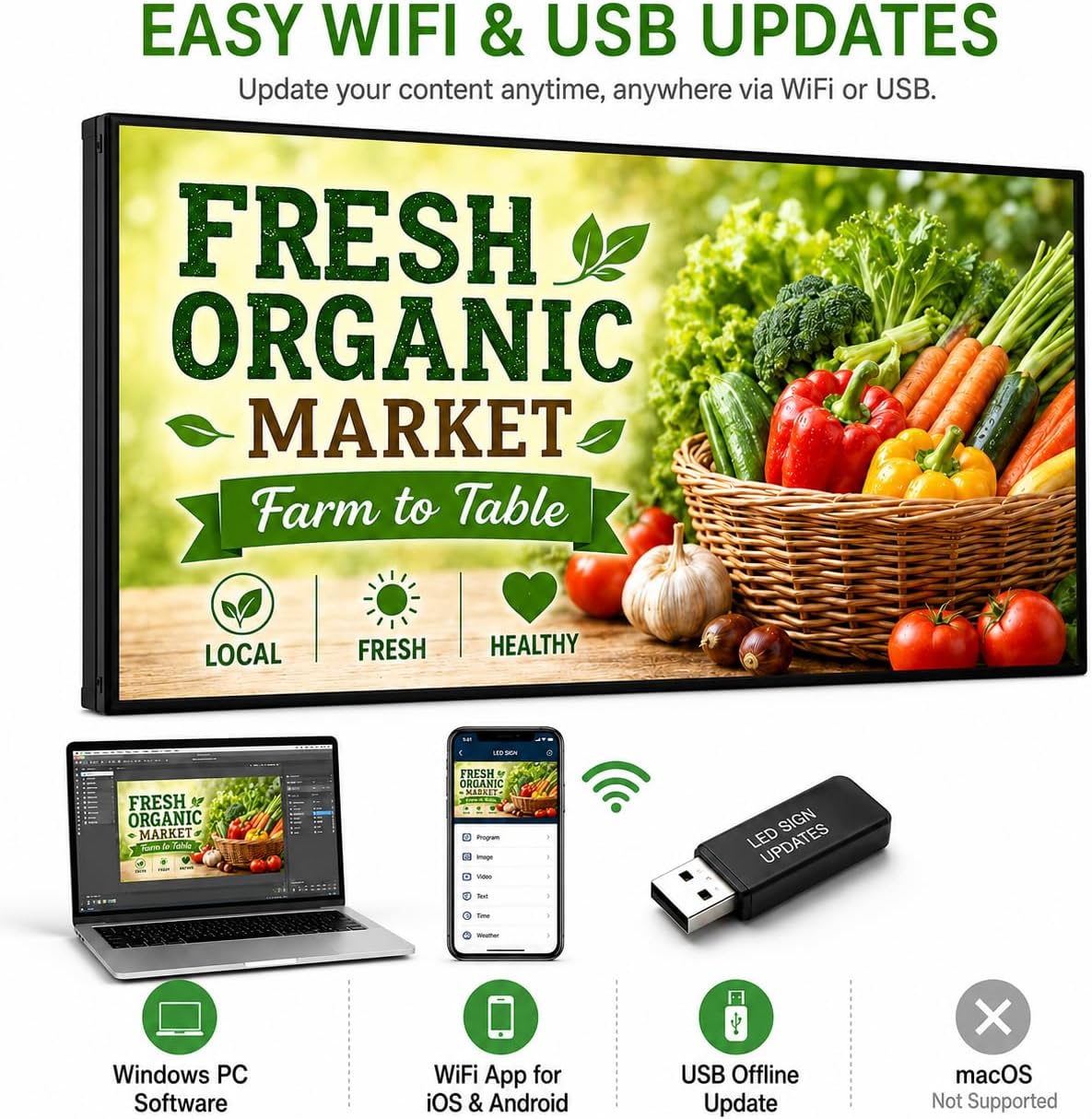 CX 65 x 34 Inch P5 Outdoor LED Sign, 320 x 160 Full-Color RGB Message Board with WiFi, Mobile App and USB Control, IP65 Display for Scrolling Text, Images and Video