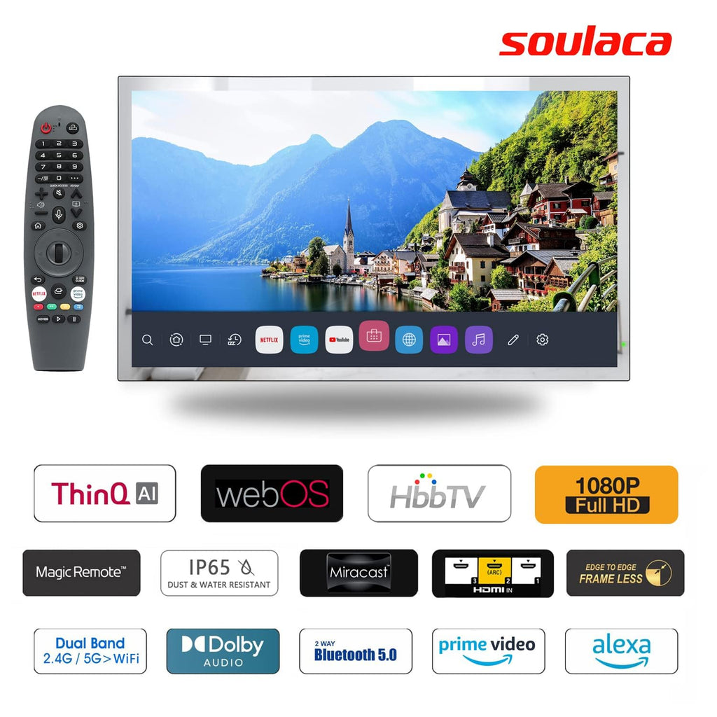 Soulaca 55 inches Smart Waterproof Mirror TV 4K UHD webOS Built-in ATSC DTV Tuner Voice Control, Large Bathroom & Indoor Hotel Resort Television Wall-Mount Big Screen Pool