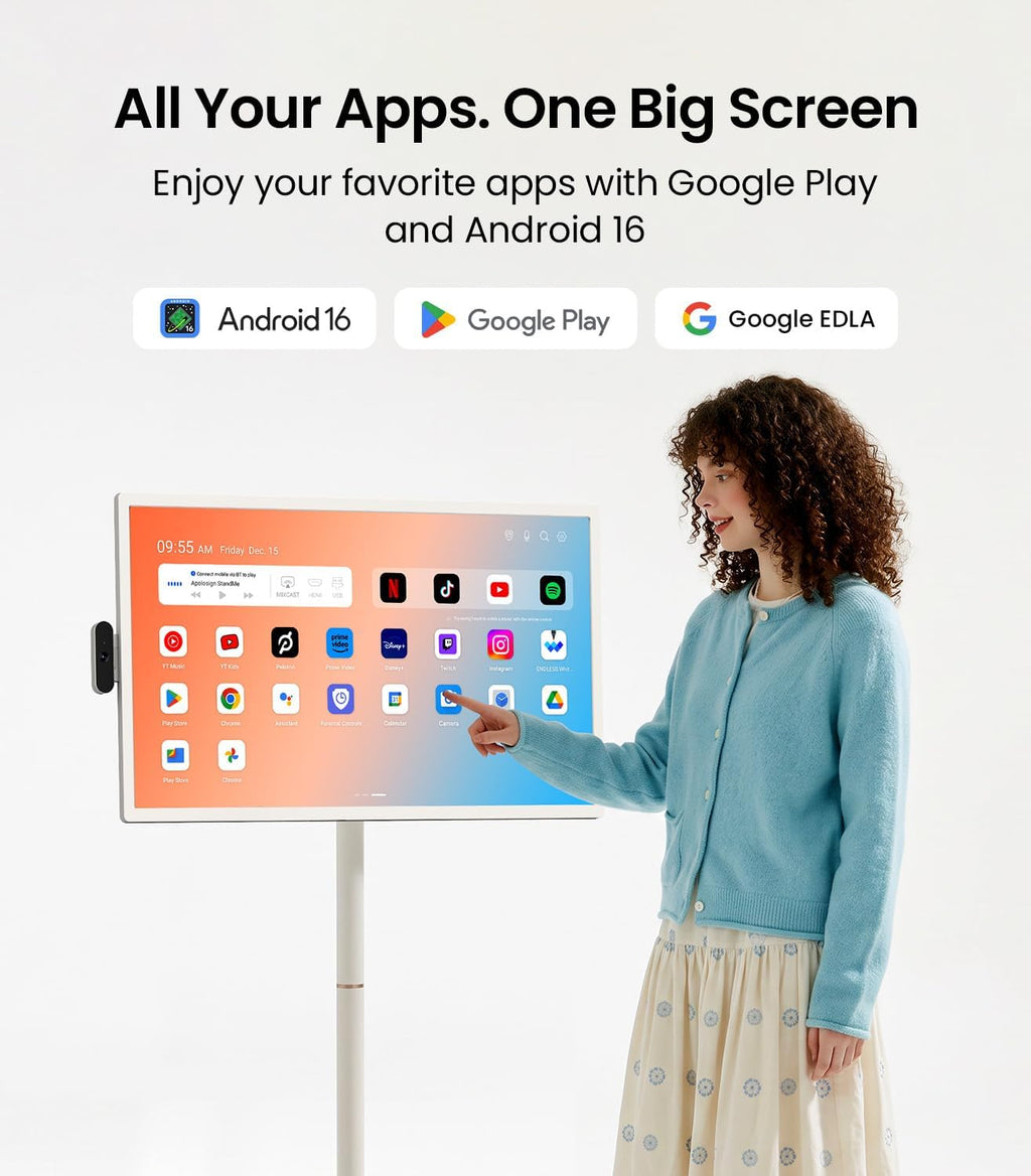 ApoloSign 32 Inch 4K UHD Smart Portable TV on Wheels, Android 16 EDLA Certified, 256GB Storage, Built-in 15000mAh Battery, Voice Remote, Touch Screen TV with Rolling Stand for Home, Office - Gen2