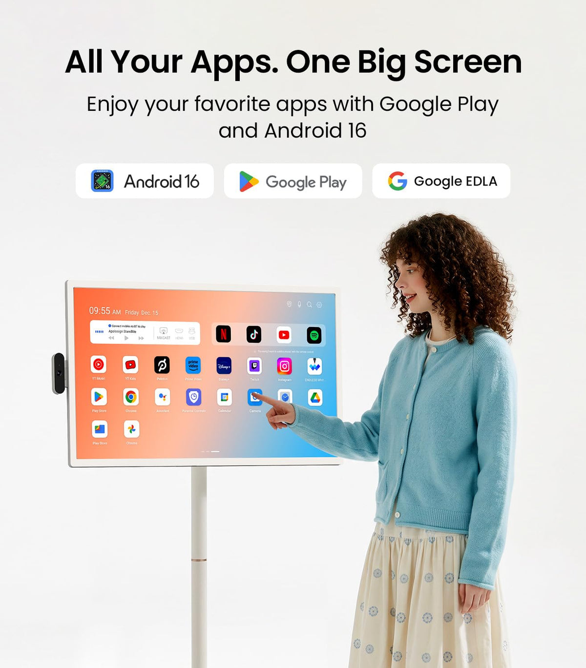 ApoloSign 32 Inch 4K UHD Smart Portable TV on Wheels, Android 16 EDLA Certified, 256GB Storage, Built-in 15000mAh Battery, Voice Remote, Touch Screen TV with Rolling Stand for Home, Office - Gen2