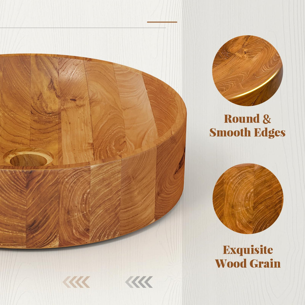 Giantex Teak Wood Vessel Sink - Bathroom Washbasin with Smooth Finish, Round Corner, 2.5â Drain Hole for 1 5/8" Drainage, Above Counter Vanity Sinks, No Assembly Art Basin (16â x 16â x 4â Bowl-shaped)
