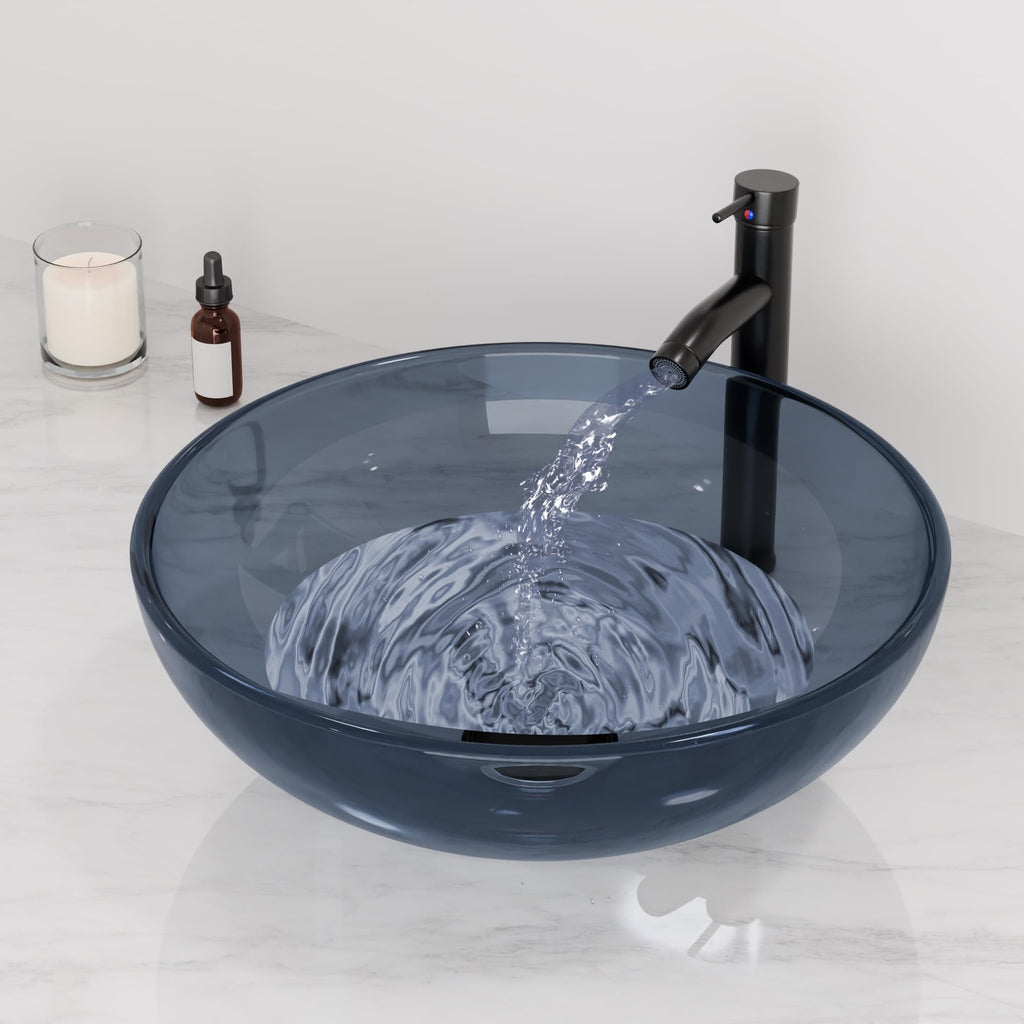Design Vessel Sink Concrete Bathroom Sink above Counter Small Vessel Sink Bathroom Sink Bowl Countertop Modern Sinks with Faucet and Drain Combo 15.7" Round Gray