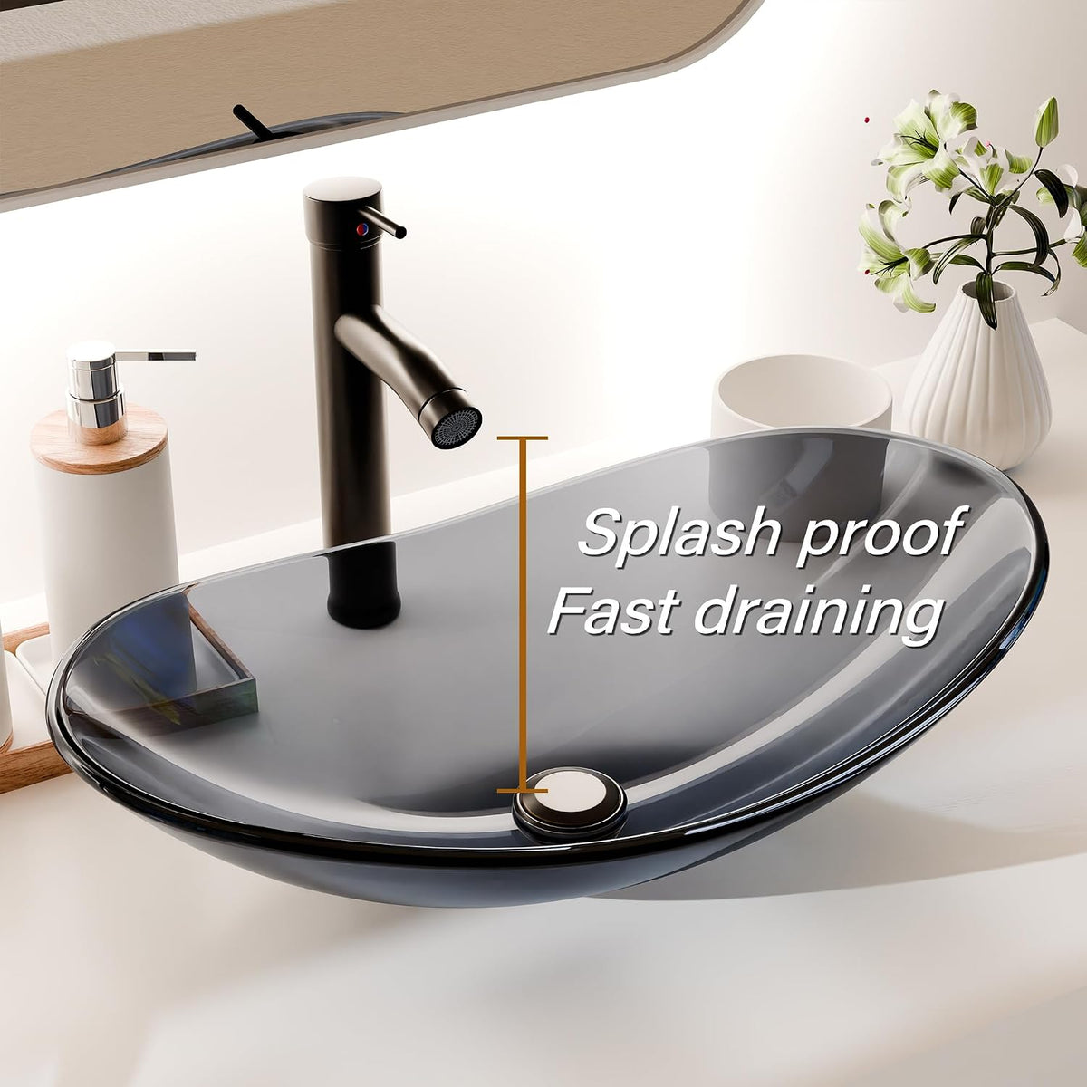 Vessel Sink Bathroom Sinks Tempered Glass Art Basin 20.8"x13.7" Oval Bowl Above Counter with Faucet and Pop-Up Drain Combo, Oval Clear Grey,Modern Countertop Bowl Sink