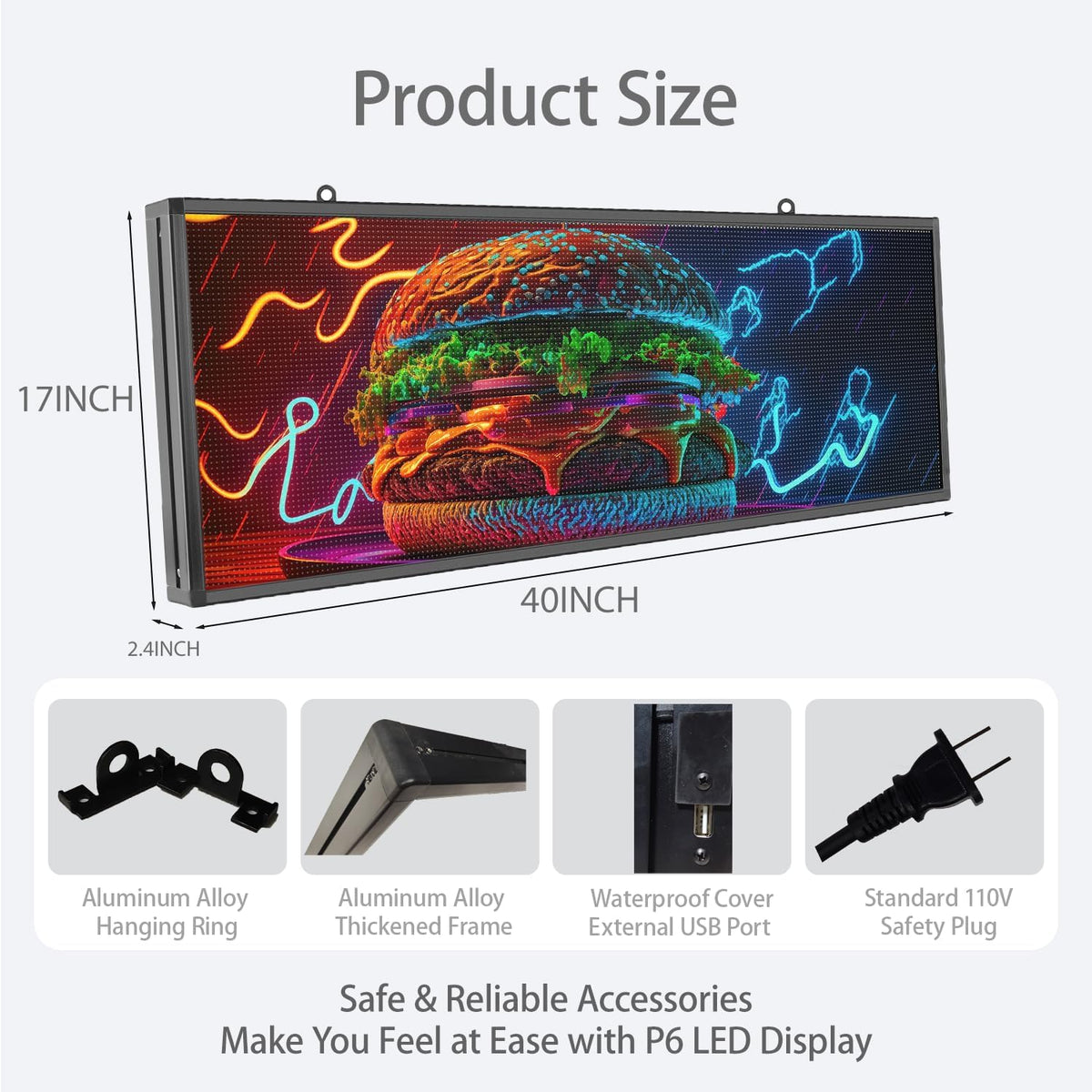 P10 Programmable LED SIGN 40"Ã8" Scrolling LED Display, High Brightness & IP65 Waterproof Indoor Outdoor Digital Signage led screen, Open Signs Welcome Sign for Store Business Advertising