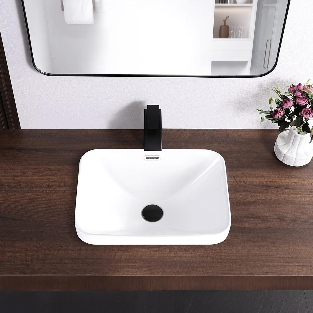 Small Bathroom Vessel Sink 16.7'' x 12.6'' Semi Recessed Bathroom Sink Rectangular Drop-in Vanity Sink with Overflow White Ceramic Modern Art Basin