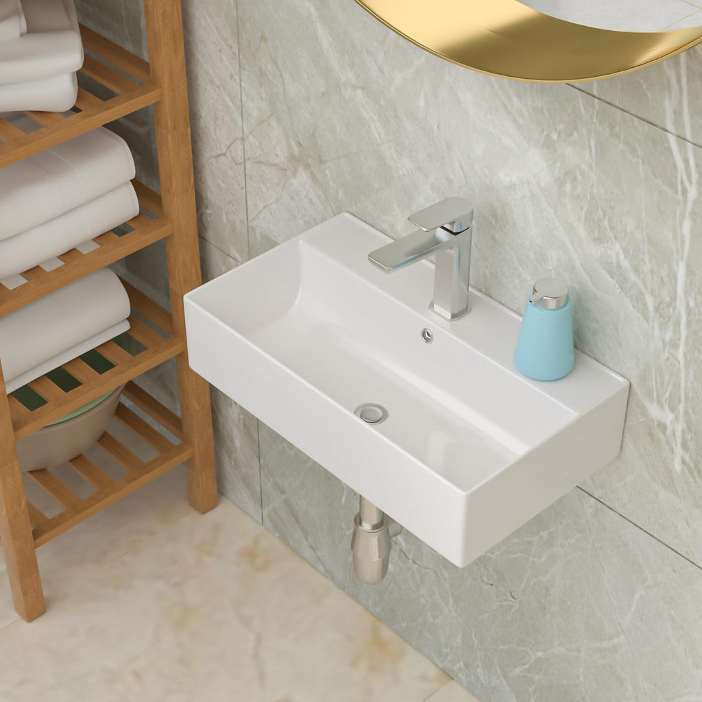 Lordear Wall Mounted Vessel Sink 16x11 Inch, U-Shape White Porcelain Bathroom Sink with Black Faucet and Support Pedestal Legs, Wall Hung Vanity Sink with Towel Rack for Small Bathrooms