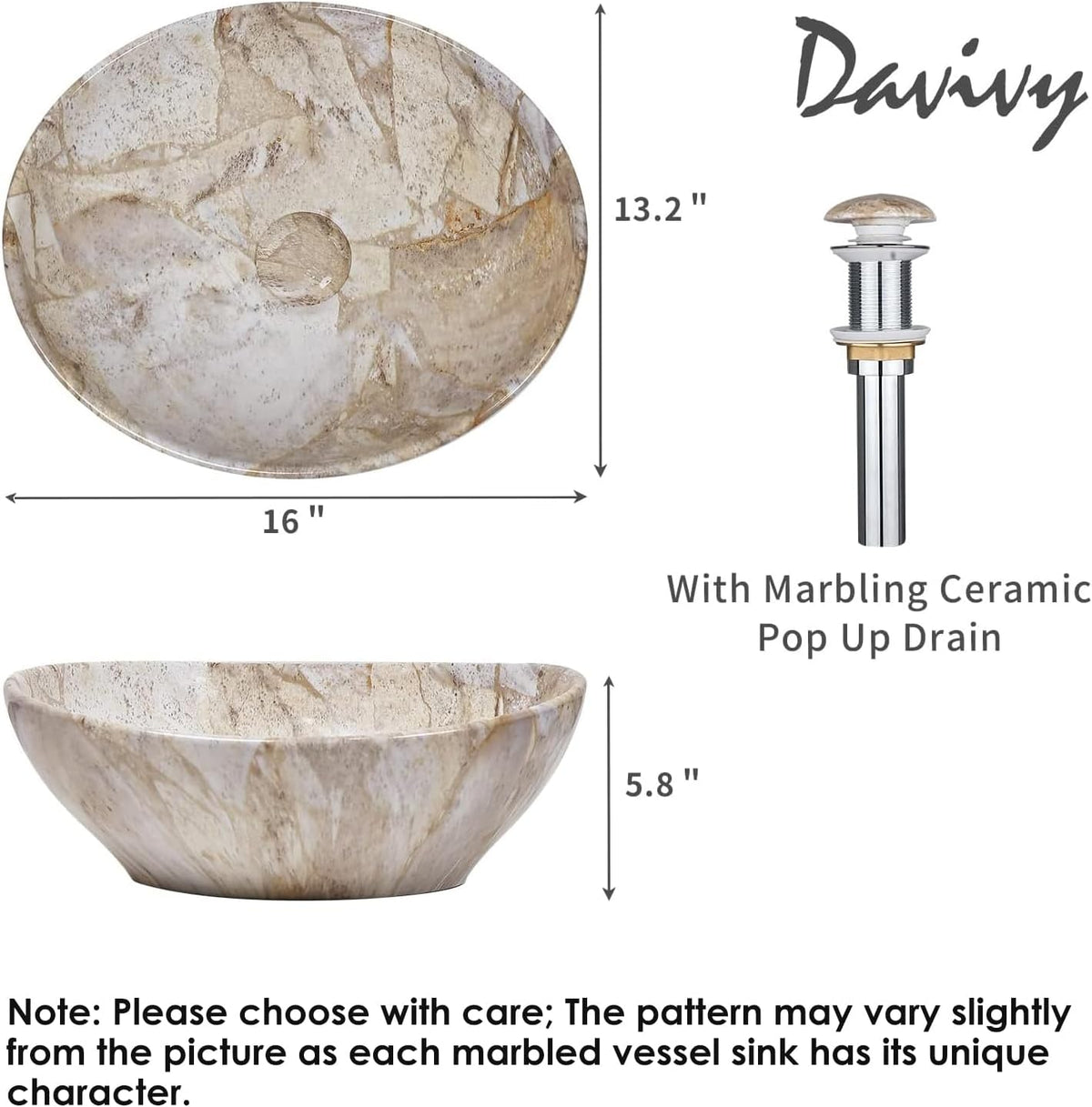 Davivy 16'' X 13'' Nordic Marbling Oval Vessel Sink with Pop Up Drain,Ceramic Vessel Sink,Bathroom Sinks Above Counter,Bathroom Vessel Sinks,Counter top Sink,Oval Sink Bowls for Bathroom