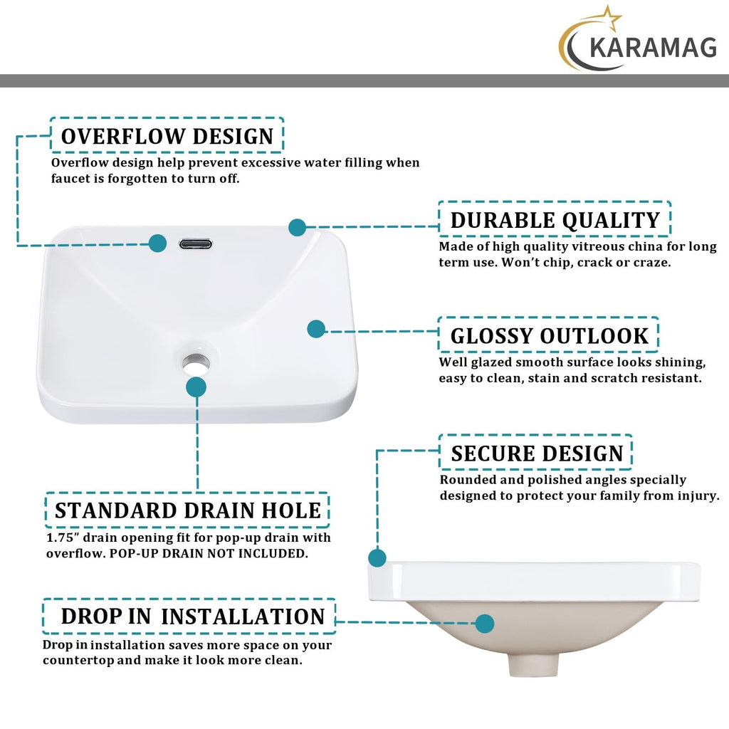 Small Bathroom Vessel Sink 16.7'' x 12.6'' Semi Recessed Bathroom Sink Rectangular Drop-in Vanity Sink with Overflow White Ceramic Modern Art Basin