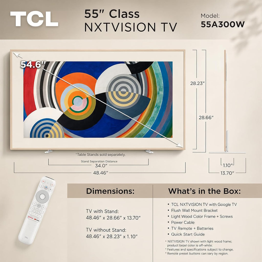 TCL 55" NXTVISION Series Picture Frame TV, Google Smart TV QLED 4K, 55A300W
