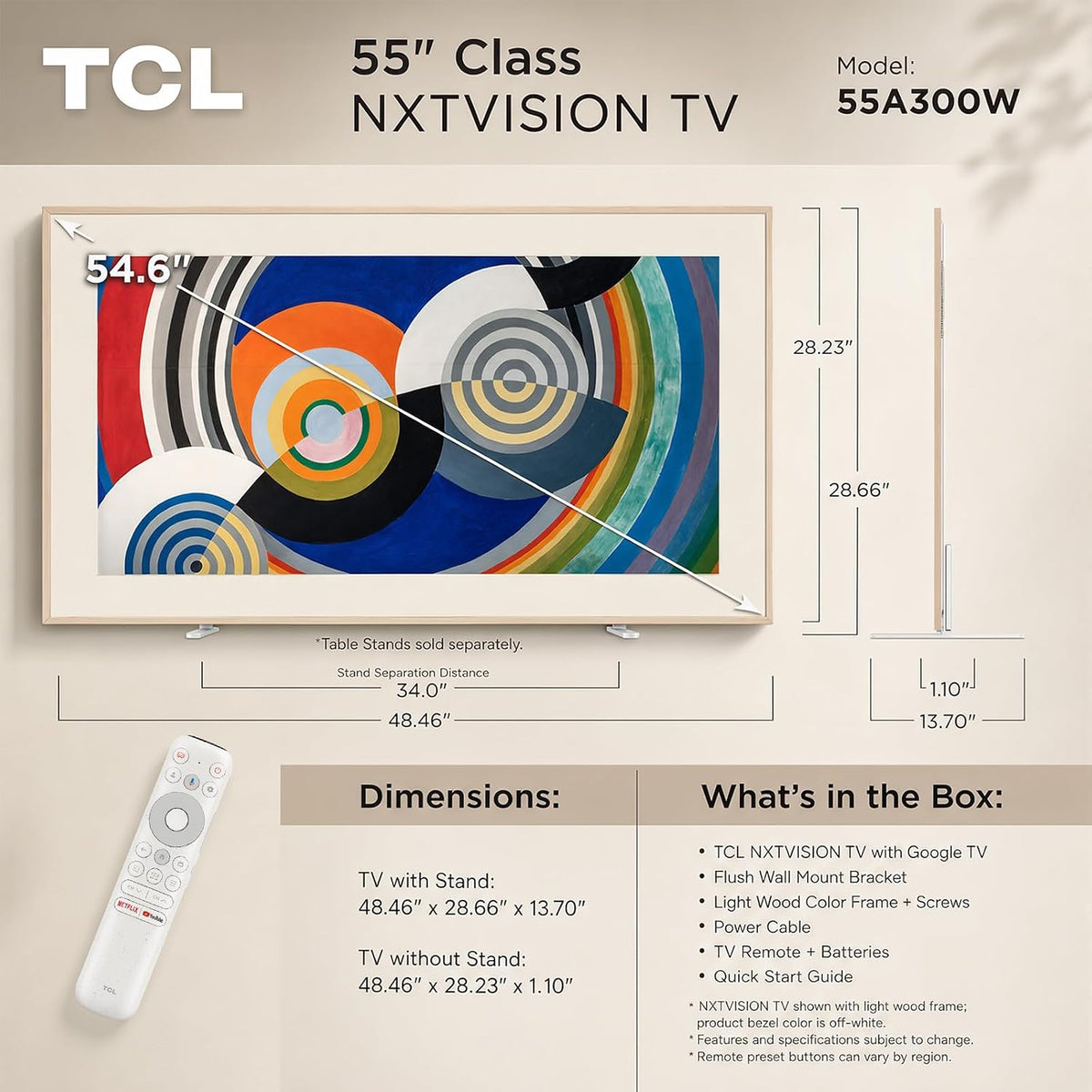 TCL 55" NXTVISION Series Picture Frame TV, Google Smart TV QLED 4K, 55A300W