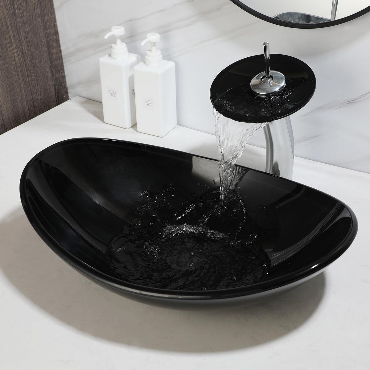 22" Black Oval Bathroom Vessel Sink Tempered Glass Washing Bowl