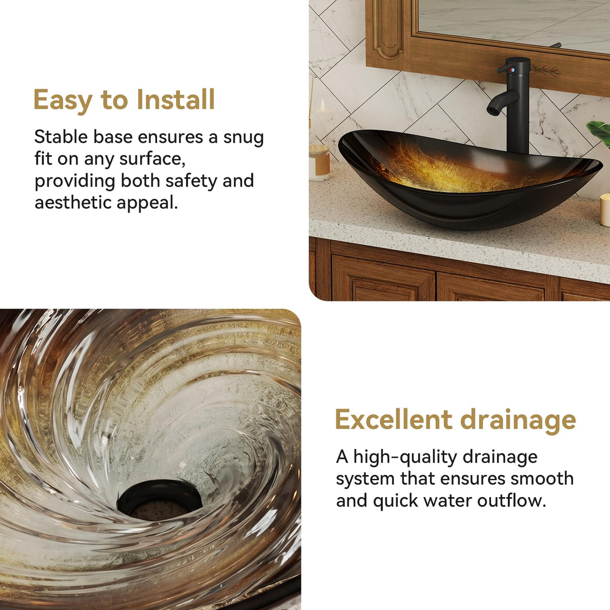 YOURLITE Bathroom Artistic Vessel Sink, Tempered Glass Countertop Bowl Sink
