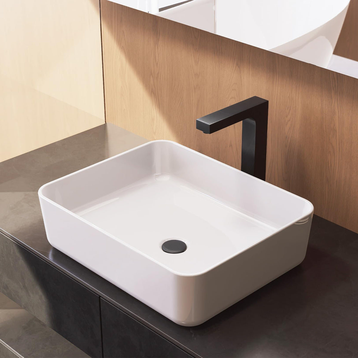 Matte Black Bathroom Vessel Sink Rectangular, 19.7â x 15.4â x 5.5â, Modern Countertop Bathroom Sink with Drainage Design, Above Counter Ceramic Basin for Powder Room - MJ-695