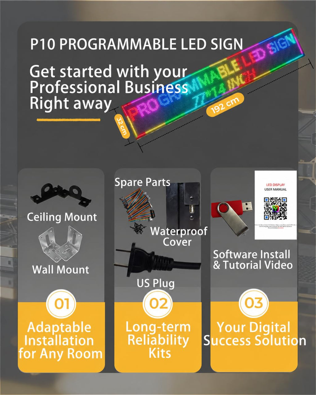P10 Programmable LED SIGN 40"Ã8" Scrolling LED Display, High Brightness & IP65 Waterproof Indoor Outdoor Digital Signage led screen, Open Signs Welcome Sign for Store Business Advertising