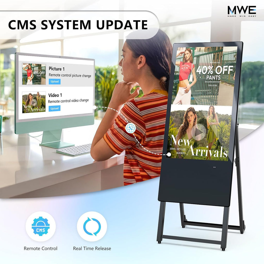 JIYANG 32 Inch Indoor Digital Signage Display,Floor Standing Advertising Digital Kiosk with Wheels,Portable LCD Poster Totem Support HDMI Input,Split Screen,Timed Open/Off,Android System
