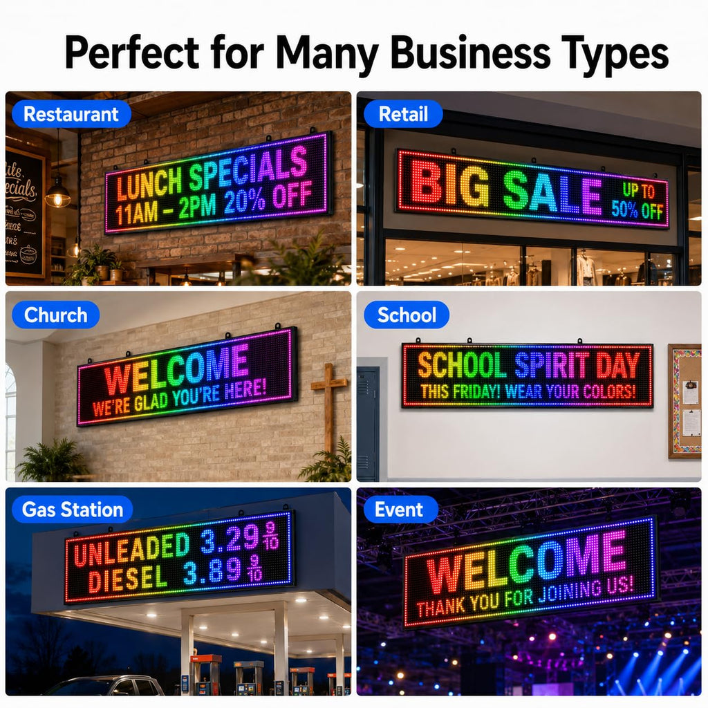 CX 65 x 34 Inch P5 Outdoor LED Sign, 320 x 160 Full-Color RGB Message Board with WiFi, Mobile App and USB Control, IP65 Display for Scrolling Text, Images and Video
