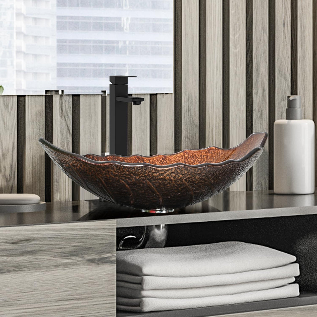 Bathroom Leaf Shape Artistic Glass Vessel Sink, Brown