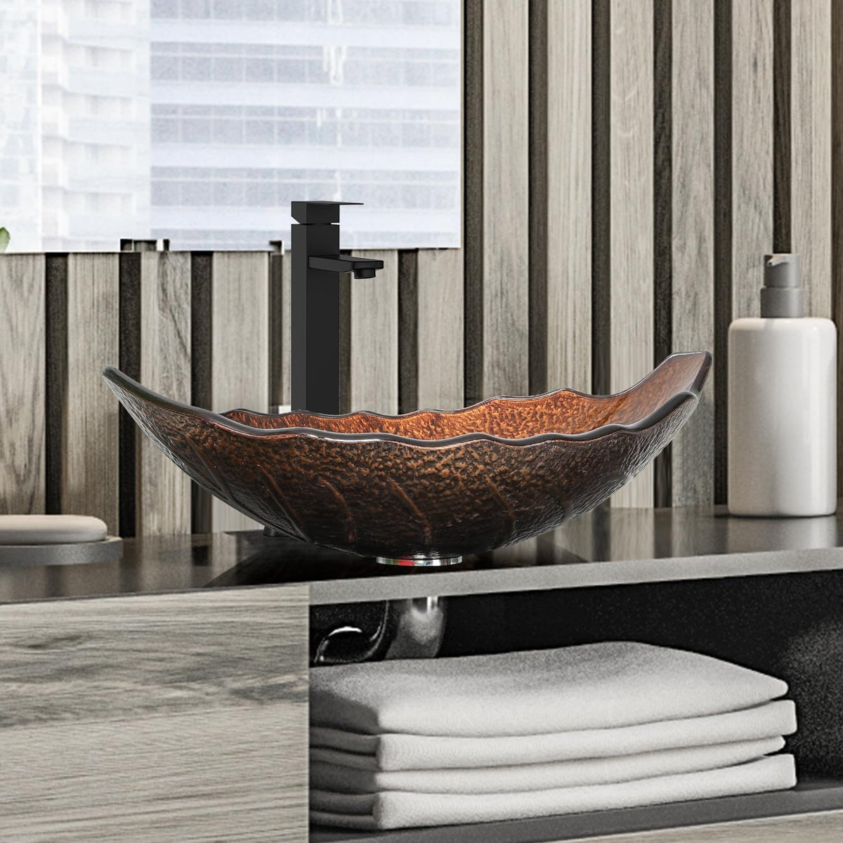 Bathroom Leaf Shape Artistic Glass Vessel Sink, Brown