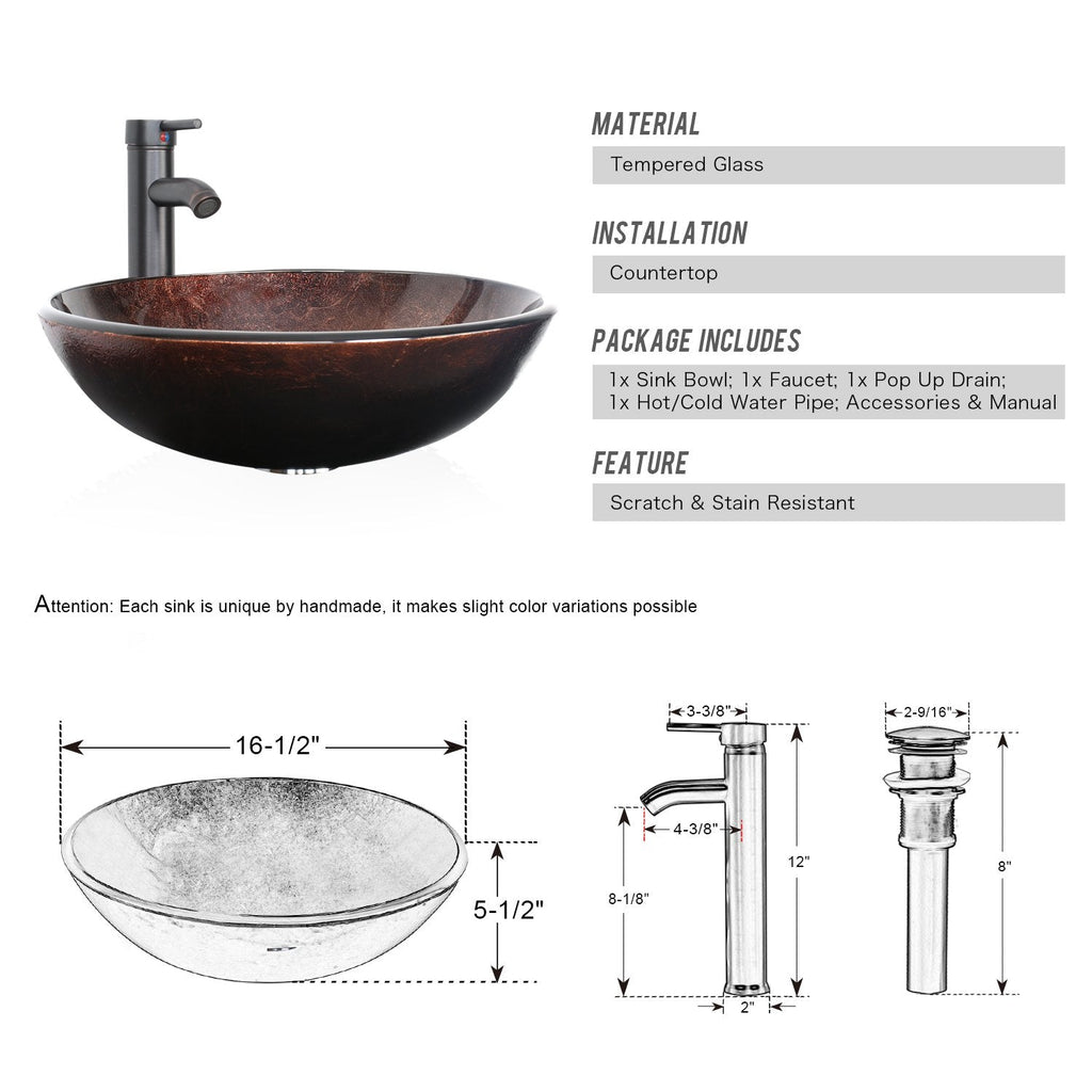 eclife 21.5" Bathroom Vessel Sink Modern Artistic Single Brown Boat Tempered Glass Basin Countertop Bowl Sink for Lavatory Vanity Cabinet, W/Water Save Faucet Pop Up Drain (A29BR)