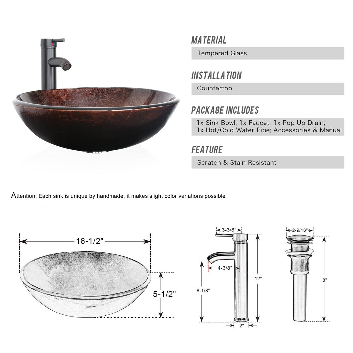 eclife 21.5" Bathroom Vessel Sink Modern Artistic Single Brown Boat Tempered Glass Basin Countertop Bowl Sink for Lavatory Vanity Cabinet, W/Water Save Faucet Pop Up Drain (A29BR)