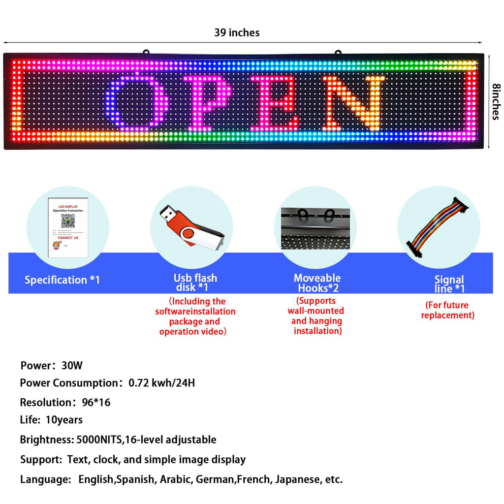 Led Sign Outdoor Programmable Scrolling Digital Open Neon P6 40''x17''