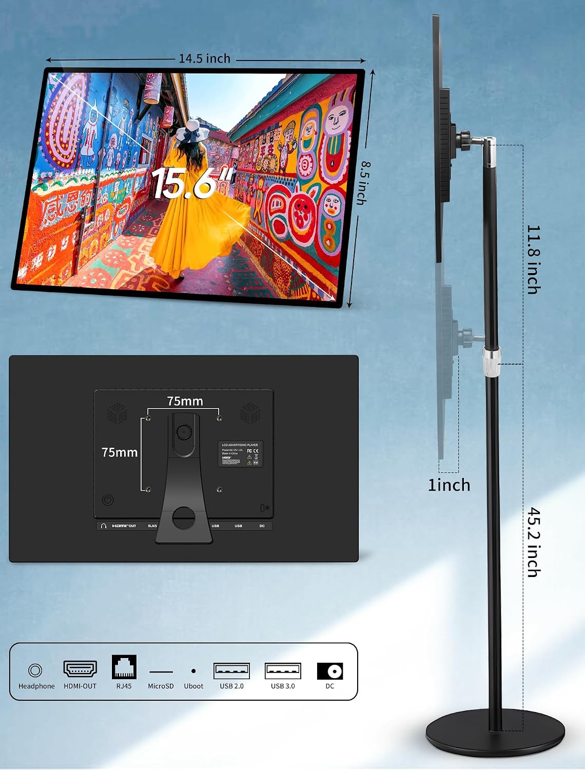 15.6" Digital Signage Capacitive Touchscreen Advertising Display with Adjustable Stand, 10000mAh Battery, Android 13 Commercial LCD Monitor with Auto Play, Wireless Screen Mirroring, 4+64GB