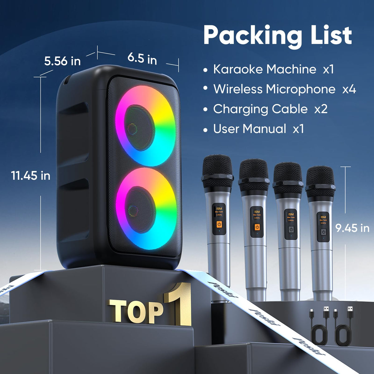 Karaoke Machine for Adults Kids, Portable Bluetooth Speaker with 3 Wireless Microphones, TWS Mode & LED Light, 10H Battery PA System, Home Party Outdoor Camping Birthday Gifts (3 Mics)